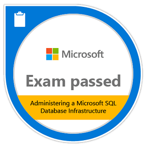 Microsoft exam success badge for SQL database infrastructure.