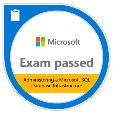 Microsoft exam success badge for SQL database infrastructure.