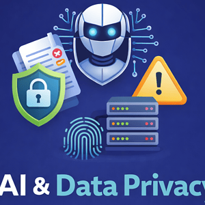 Robot with shield, fingerprint, and warning icon representing AI and data security.