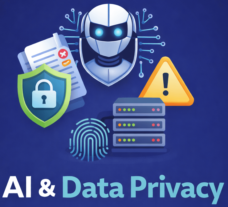 Robot with shield, fingerprint, and warning icon representing AI and data security.