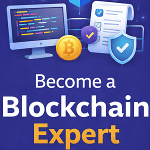 Blockchain technology training with digital assets and security icons.