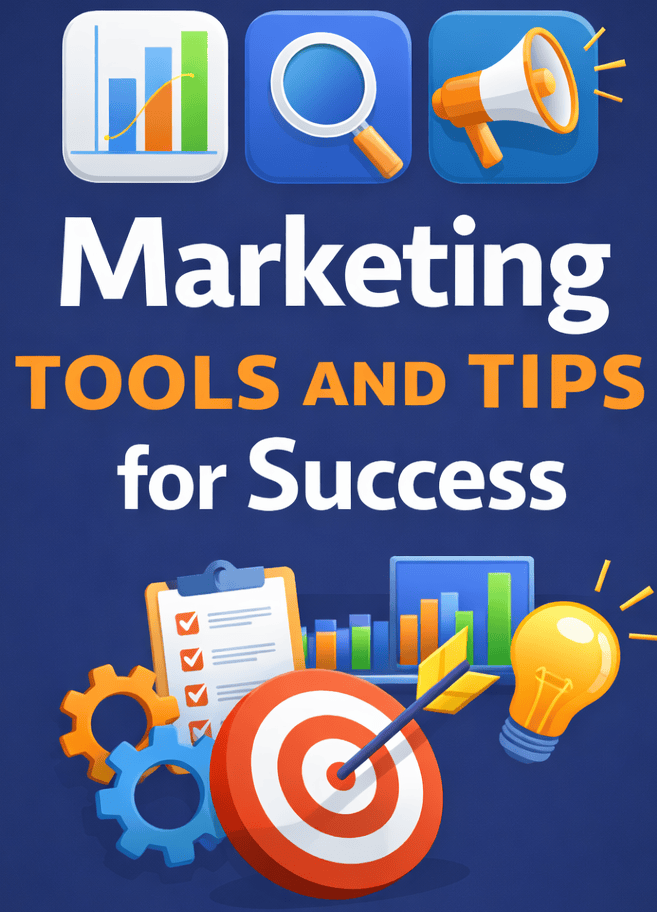 Marketing tools and tips for business success with charts, gears, and lightbulb icons.