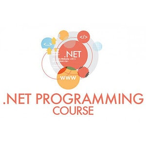 Visual of .NET programming with web development icons and coding symbols.
