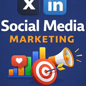 Social media icons with marketing target and megaphone for business growth.