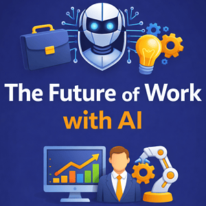 Futuristic AI and robotics leadership concept with a robot, lightbulb, and gears.