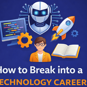 AIIT robot and tech icons representing leadership in technology careers.