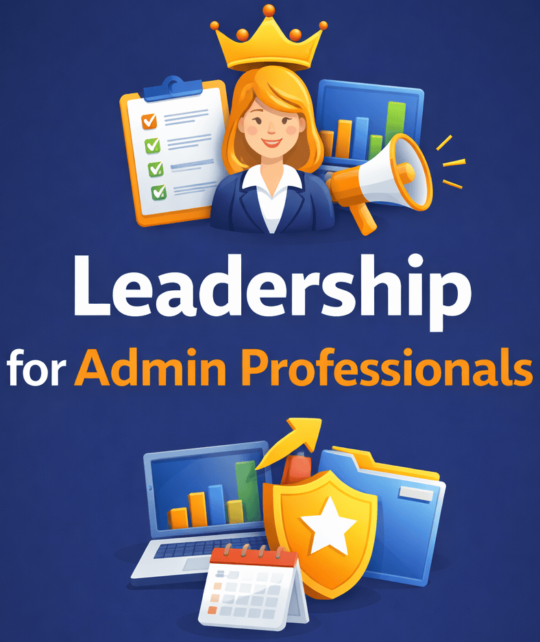 Leadership for admin professionals with charts, checklist, and shield icons.