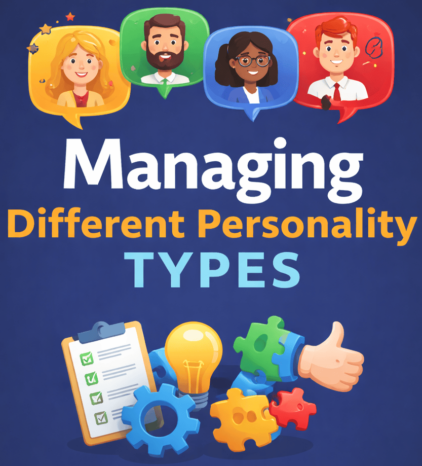 Illustration of diverse personalities with gears and checklist for leadership skills.