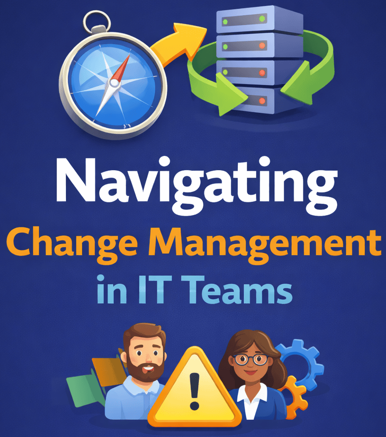 Illustration of IT team navigating change management with servers and directional arrows.