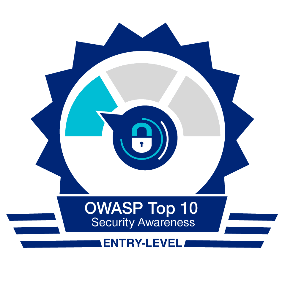 OWASP Top 10 cybersecurity awareness badge with lock icon and security gauge.