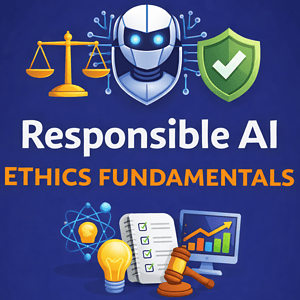 Illustration of responsible AI leadership with ethics, innovation, and decision-making symbols.