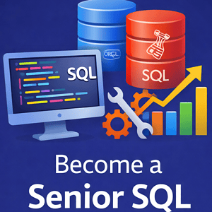 SQL developer training with database icons and growth chart.