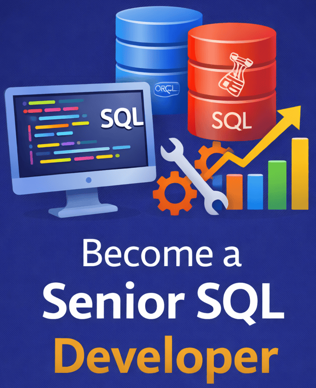 SQL developer training with database icons and growth chart.
